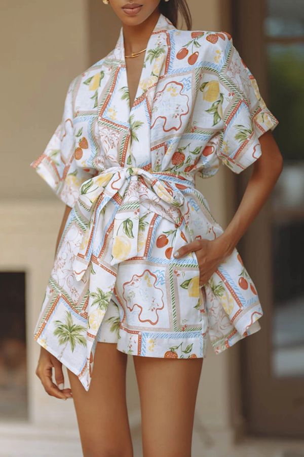 Unique Linen Floral Print Short Loose Top With Tie Pocket Shorts Set