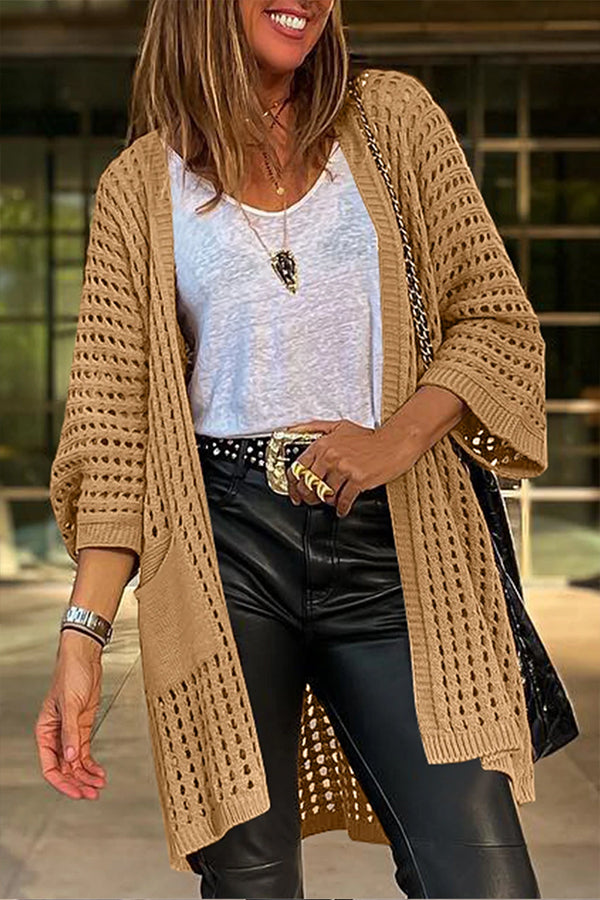 Pointelle Knit Bracelet Sleeve Open Front Cardigan