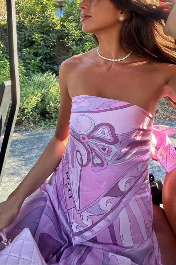 Nessie Satin Unique Print Scarf Tube Top and High Rise A-line Maxi Skirt Set