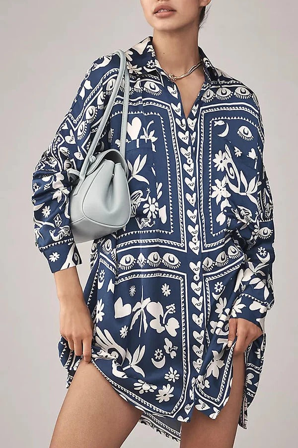 Zenya Satin Unique Print Button Up Long Sleeve Pocket Loose Mini Shirt Dress