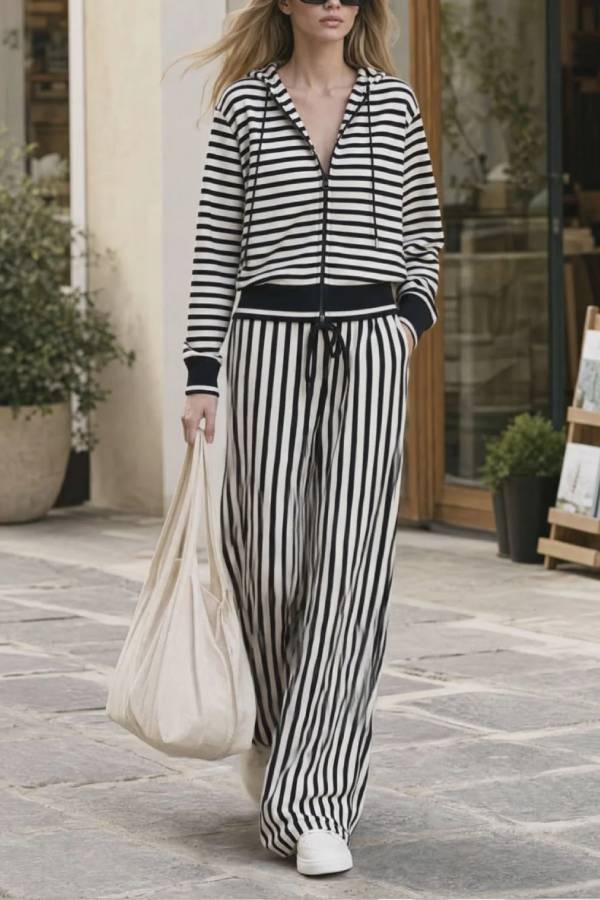 Black White Stripe Zip Up Hoodie Wide Leg Pants Two Piece