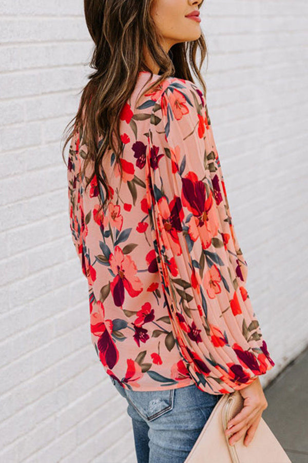 PEACH BLOSSOM PRINTED PLEATED LONG SLEEVE TOP