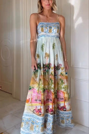 Aracati Multicolor Unique Print Back Smocked Pocket Maxi Dress