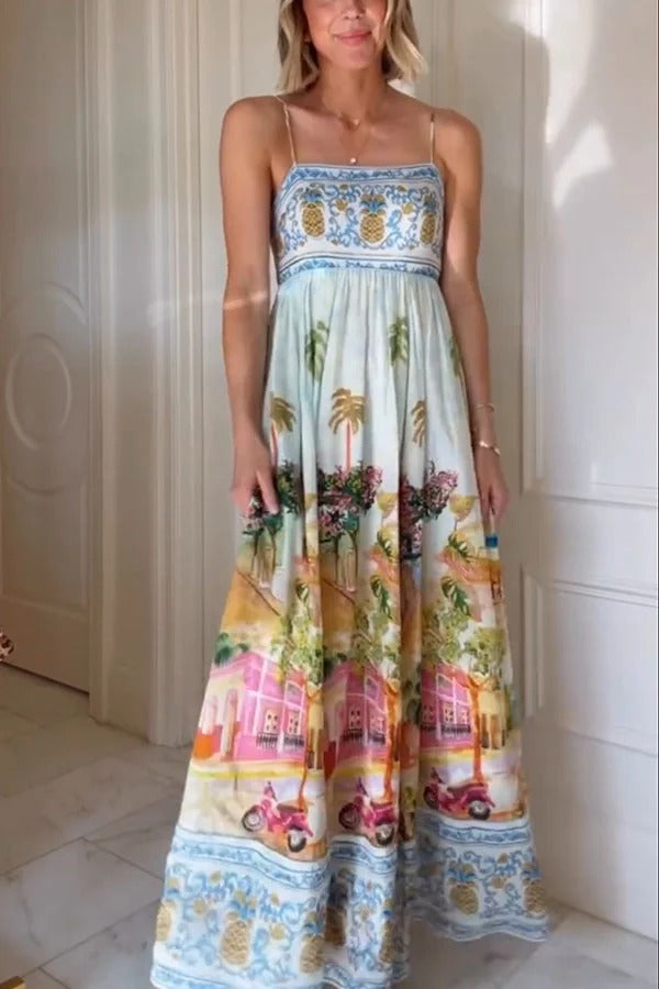 Aracati Multicolor Unique Print Back Smocked Pocket Maxi Dress