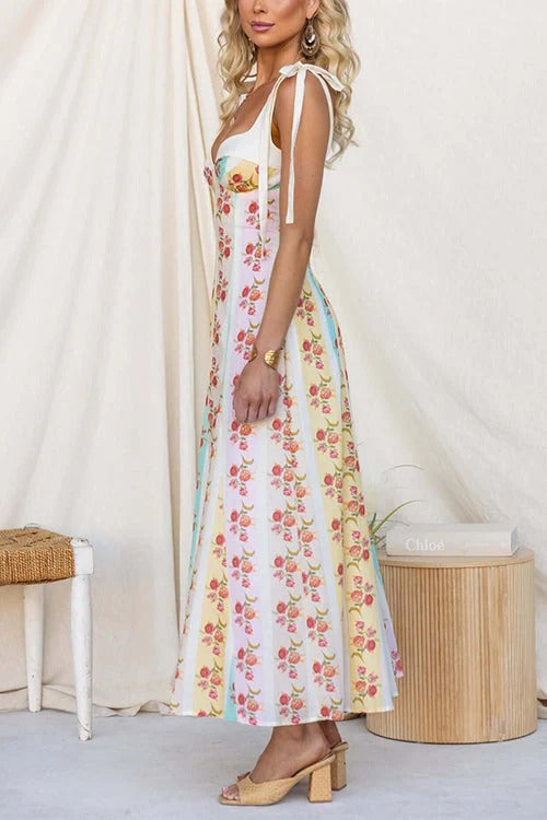 Bow Shoulder Floral Print Flowy Maxi Dress