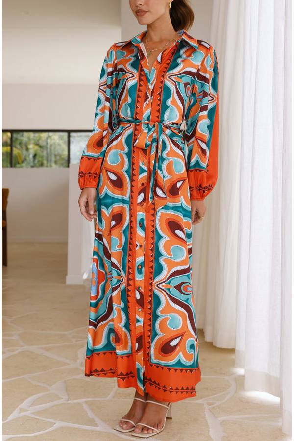 COLLARED BUTTON UP LONG BALLOON SLEEVE MAXI DRESS