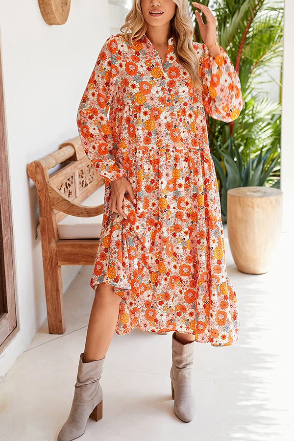 Boho Floral Collared Long Sleeve Dress