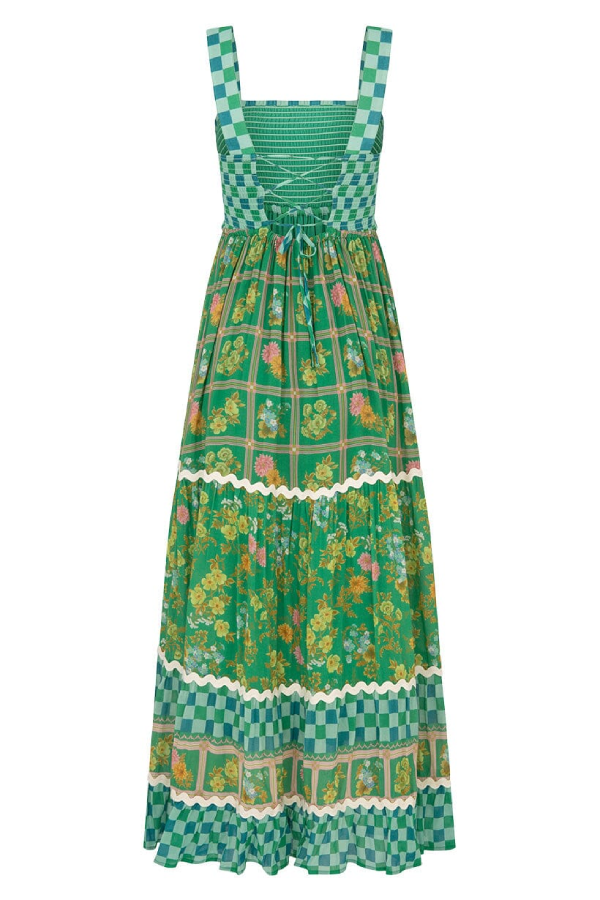 Unique Print Smocked Bust Back Lace-up Maxi Dress