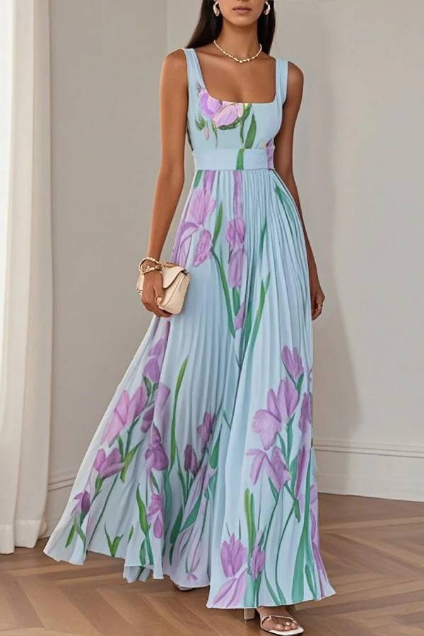 White Pleated Floral Chiffon Square Neck Sleeveless A-Line Maxi Dress