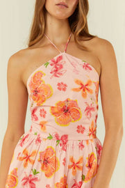 Spanish Hibiscus Halter Neck Mini Dress