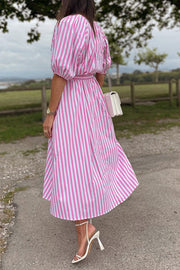 Striped Bud Sleeve V-Neck Belted Waist Dress