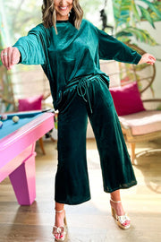 Blackish Green Velvet Long Sleeve Top & Wide Leg Pants Set