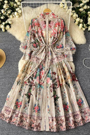 Retro floral butterfly print stand-up collar tie-waist long dress
