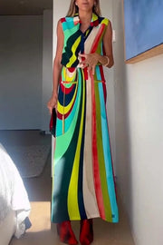 Bold and Elegant Colorful Print Button Up Pocket Shirt Slit H-line Maxi Dress