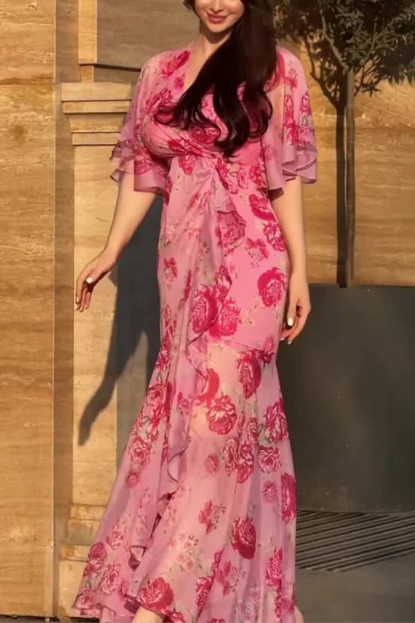 Retro V-neck trumpet sleeve printed dress