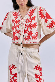 Till Sunset Linen Blend Unique Print Lace-up Puff Sleeve Shirt