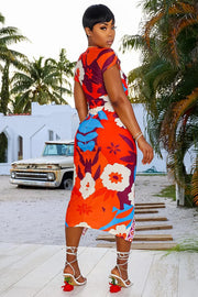 DEEP V NECK SHORT SLEEVE FLORAL COLORBLOCK PRINT HIGH SLIT BODYCON VACATION MIDI DRESSES [PRE ORDER]