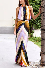 Unique Print Sleeveless Stretch Stand Collar Top and Elegant Maxi Skirt Set
