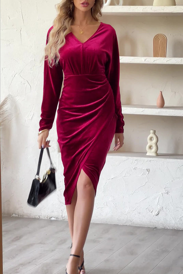 Foisu V Collar Solid Color Waisted Velvet Midi Dress