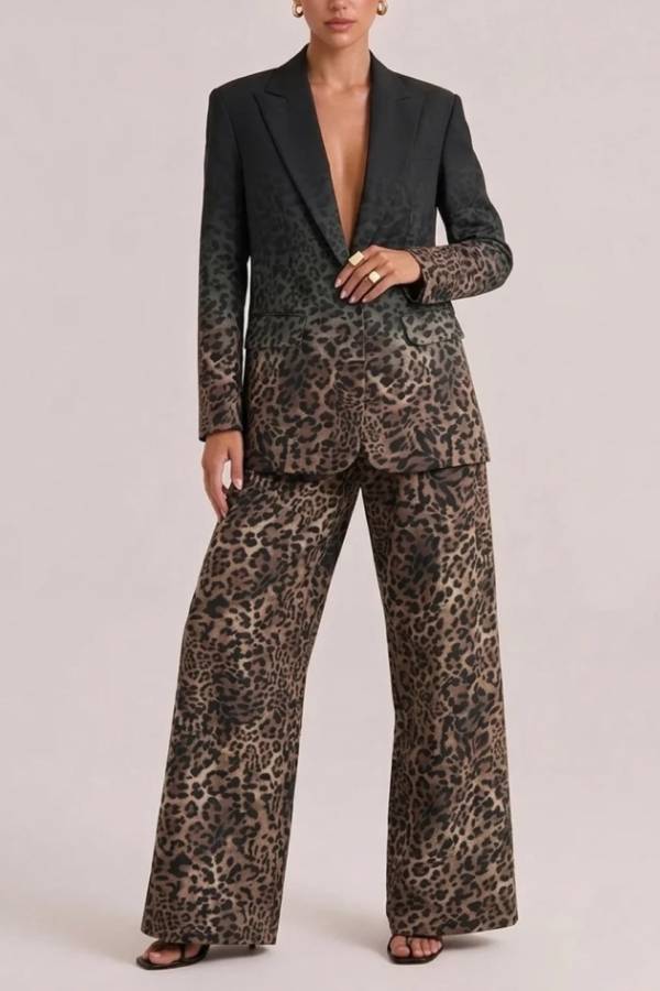 Ombré Leopard Print Blazer and Wide Leg Pants Two Piece Suit Set