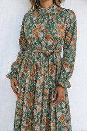 Green Frill Neck Boho Floral Print Pleated Belted Maxi Dress