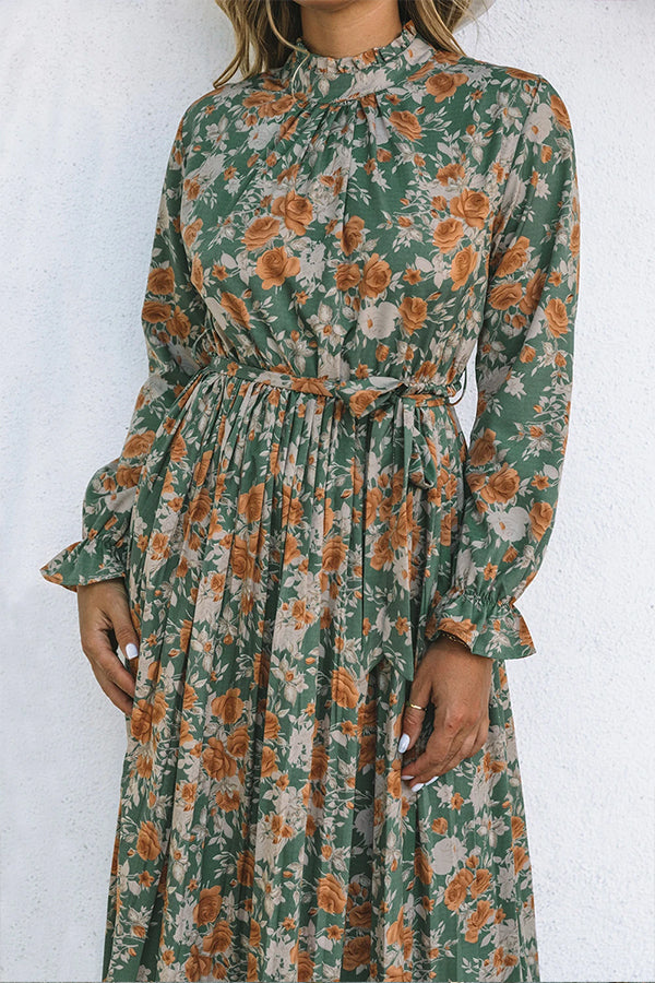 Green Frill Neck Boho Floral Print Pleated Belted Maxi Dress