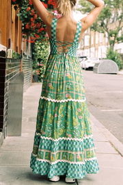 Unique Print Smocked Bust Back Lace-up Maxi Dress