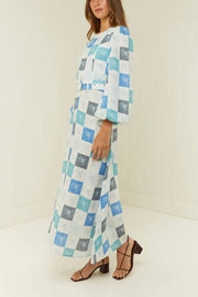 Blue Floral Tile Print Eyelet Belt Mid Sleeve Maxi Dress