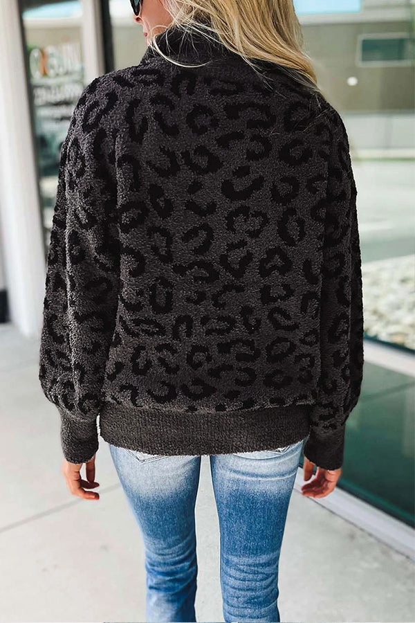 Casual Animal Print Zipped Collared Sweater