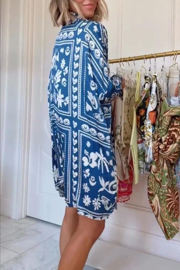Zenya Satin Unique Print Button Up Long Sleeve Pocket Loose Mini Shirt Dress