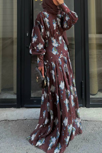 Burgundy Floral Print Elegant Maxi Dress