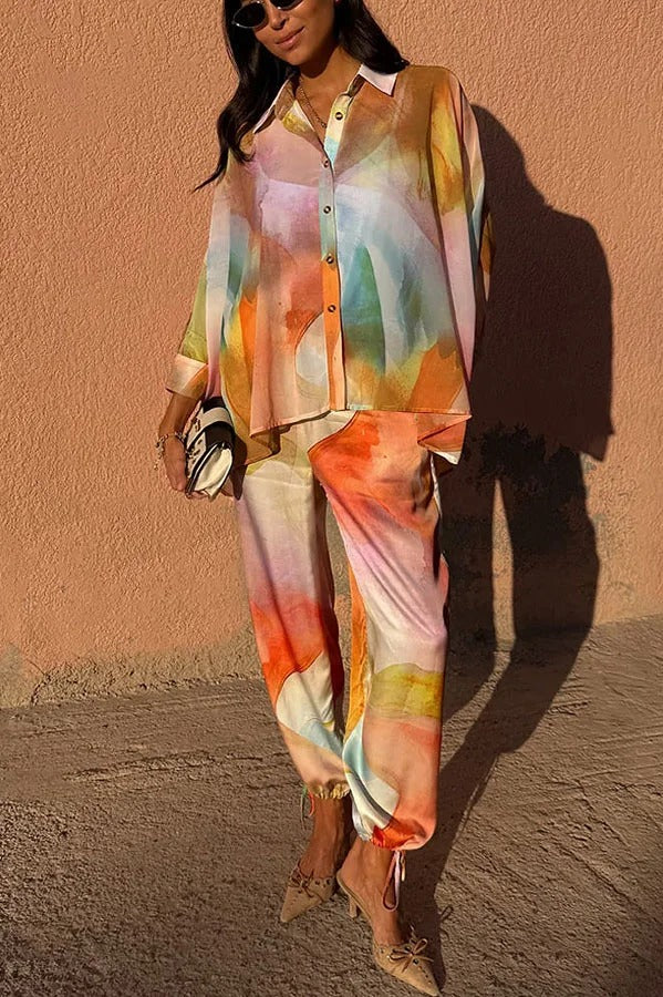 Vacation View Colorful Abstract Print Button Long Batwing Sleeve Oversized Blouse