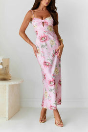 Sun Drenched Shores Satin Floral Print Cutout Bust Slip Midi Dress