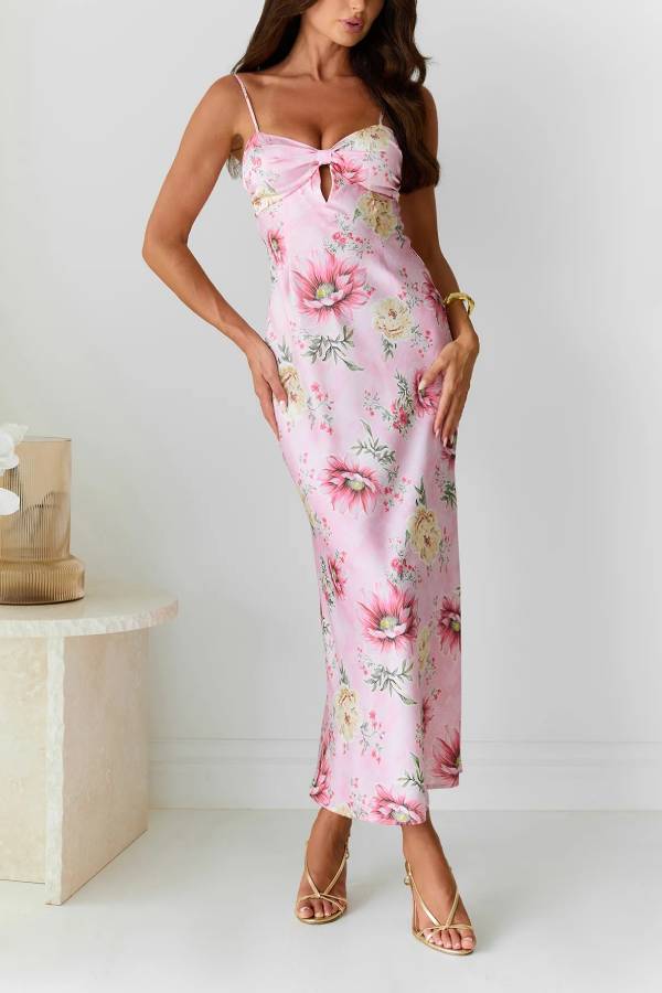 Sun Drenched Shores Satin Floral Print Cutout Bust Slip Midi Dress