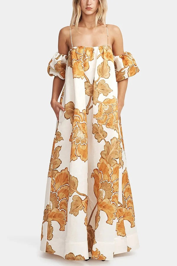 Floral Print Suspenders Puff Sleeves Loose Pocket Holiday Maxi Dress