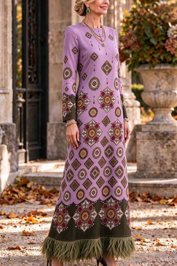 Cecilia Satin Colorful Baroque Style Printed Long Sleeve Feather Trim Maxi Dress