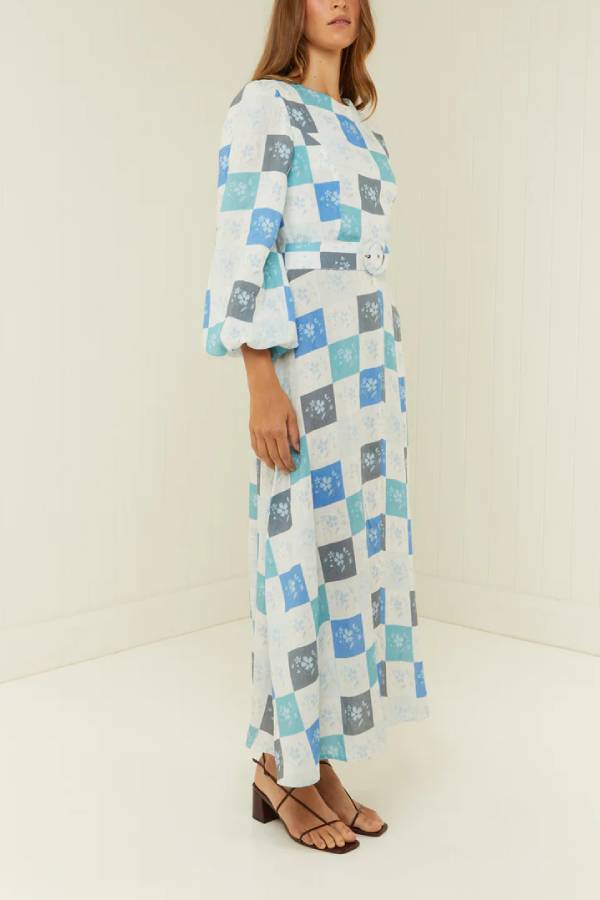 Blue Floral Tile Print Eyelet Belt Mid Sleeve Maxi Dress