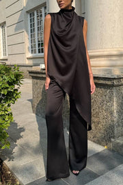 Simply Luxe Satin High Neck Irregular Hem Top and Elastic Waist Flare Loose Pants Set