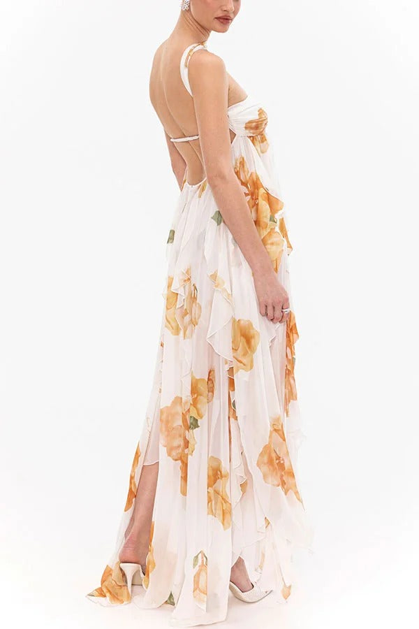 Romance and Freedom Floral Print Ruffles Halter Backless Slit Maxi Dress