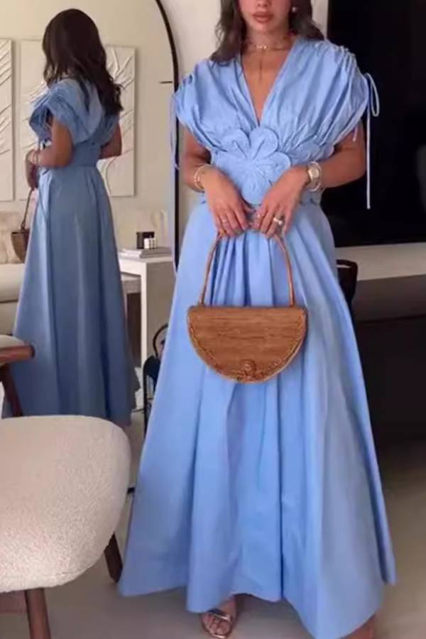 3D Floral Embellished Puff-Sleeve V-Neck Long Dress