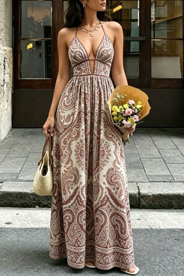 Paisley Print Spaghetti Strap Deep V Cutout Waist Maxi Vacation Dress