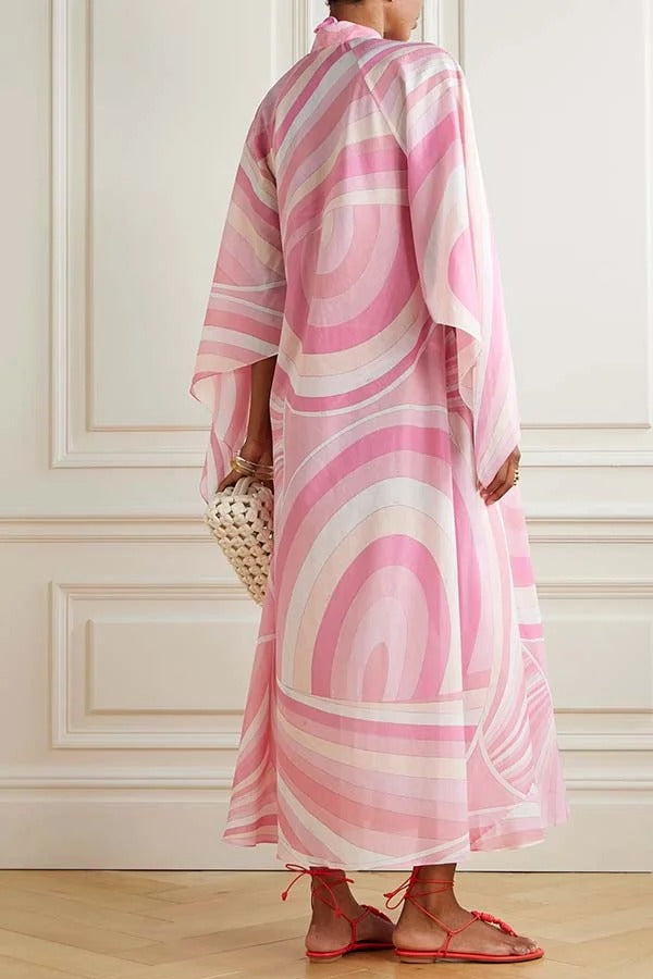 Jodie Chiffon Unique Print Stand Neck Buttons Butterfly Sleeves Kaftan Maxi Dress