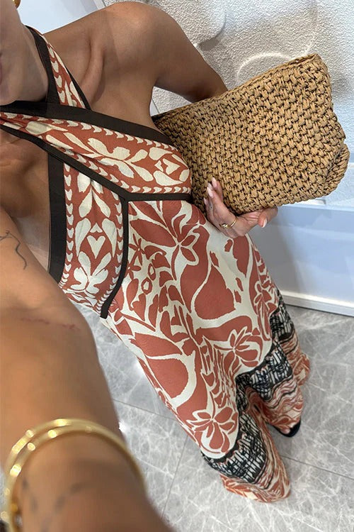 Criss Cross Halter Open Back Printed Maxi Vacation Dress