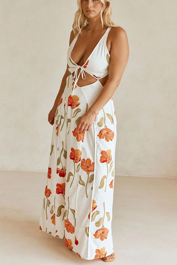 Eliska Linen Blend Poppy Print Cutout Contrast Trim A-line Maxi Dress