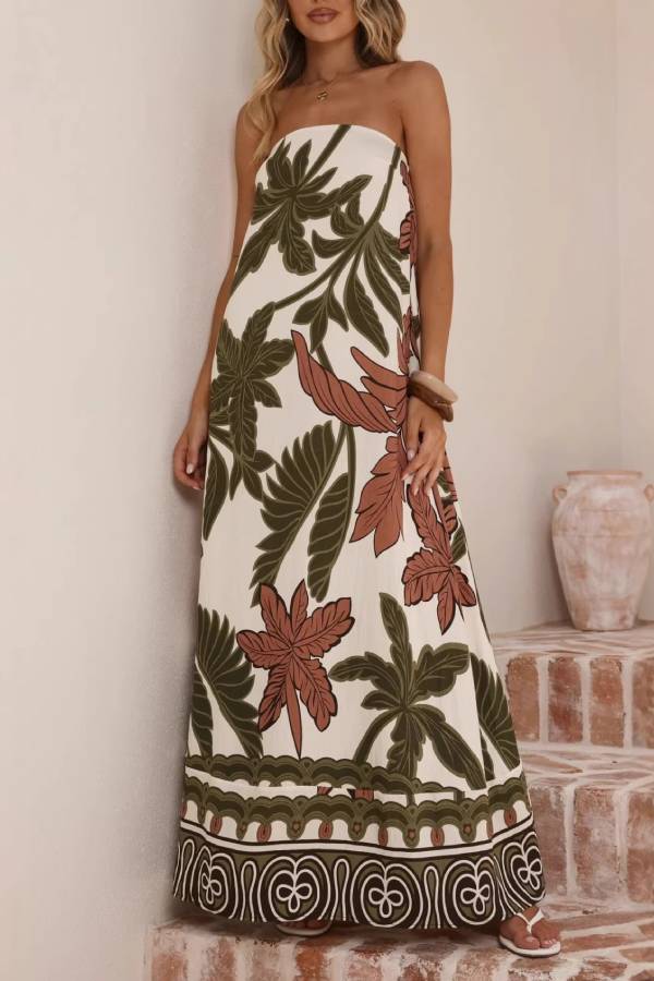 Tropical Leaf Print Strapless Straight Maxi Vacation Dress