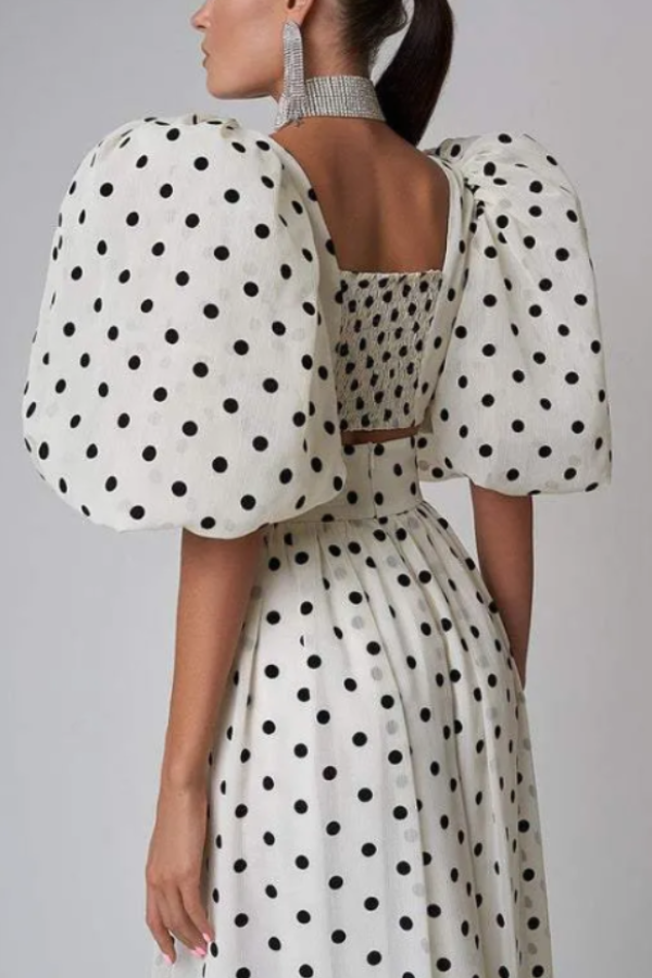 Puff Sleeve Waist Slit Hem Polka Dot Skirt Set