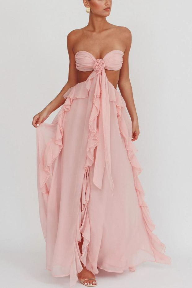 Gorgeous Vacation Halter Rose Detail Cut Out Ruffles Backless Maxi Dress