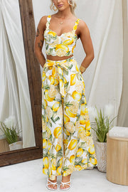 Tie Waist Wide Leg Lemon Print Pants