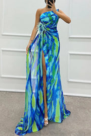 Amazing Views Watercolor Print Feather Rose Detail Off Shoulder Pleated Slit Maxi Dress