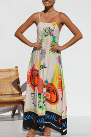 Tie Back Cut Out Graffiti Print Flowy Maxi Cami Dress